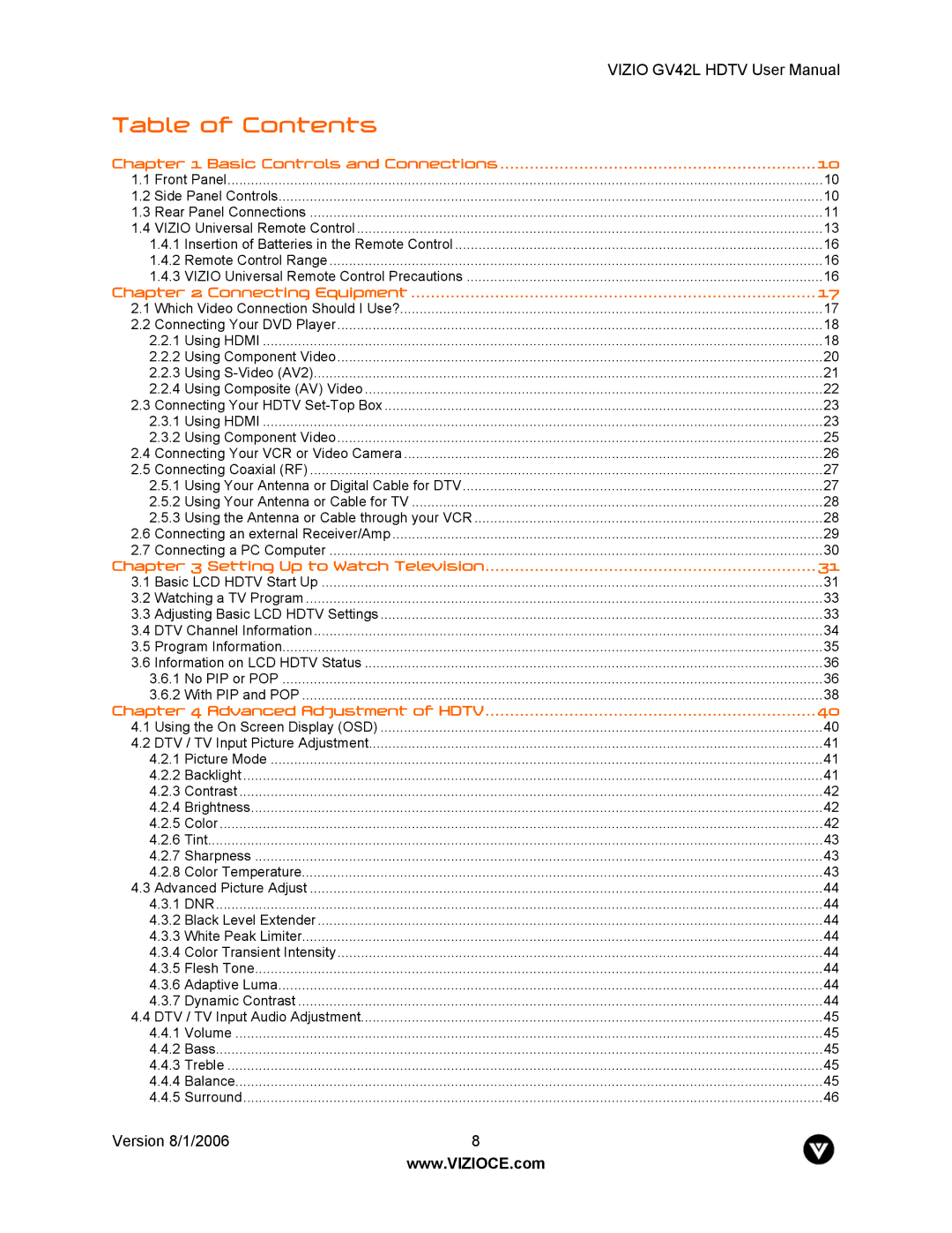 Vizio GV42L user manual Table of Contents 