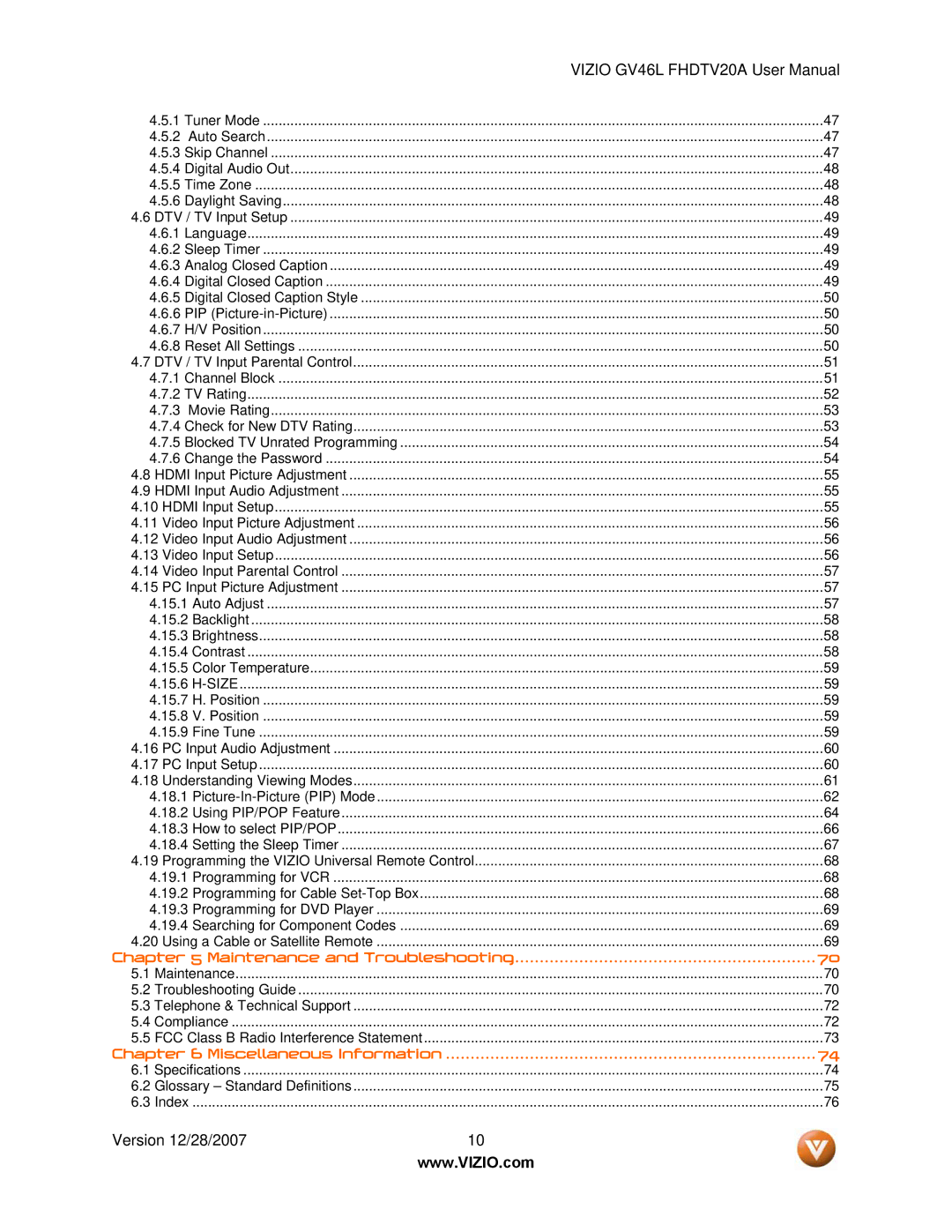 Vizio GV46L FHDTV20A user manual Maintenance and Troubleshooting 