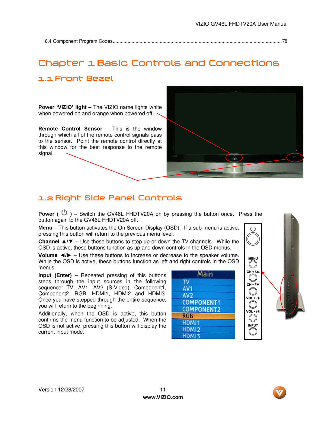 Vizio GV46L FHDTV20A user manual Front Bezel, Right Side Panel Controls 