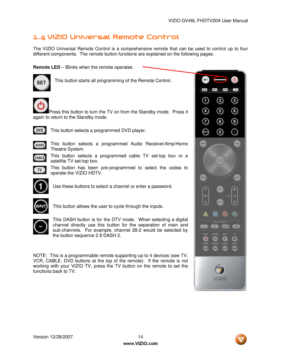 Vizio GV46L FHDTV20A user manual Vizio Universal Remote Control 