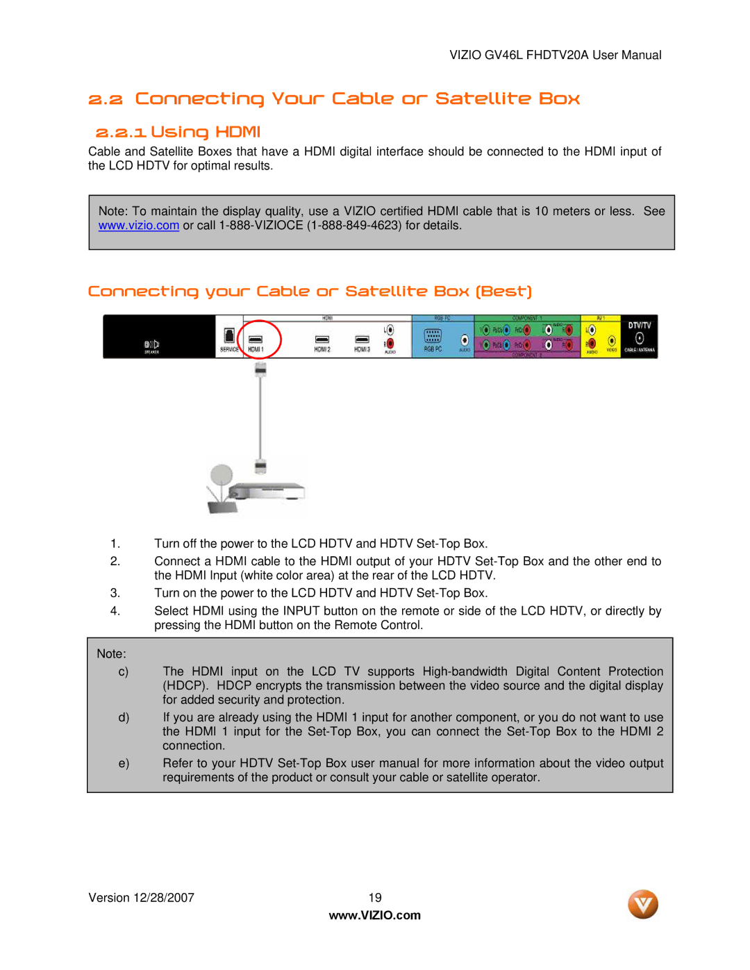 Vizio GV46L FHDTV20A Connecting Your Cable or Satellite Box, Using Hdmi, Connecting your Cable or Satellite Box Best 