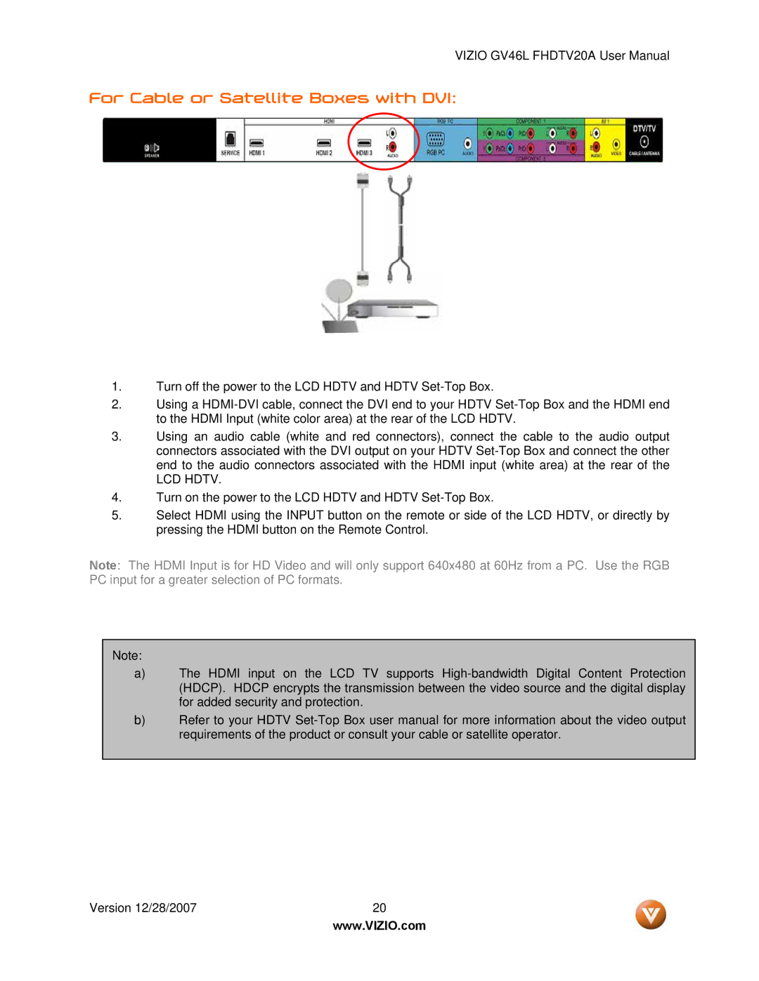 Vizio GV46L FHDTV20A user manual For Cable or Satellite Boxes with DVI, LCD Hdtv 