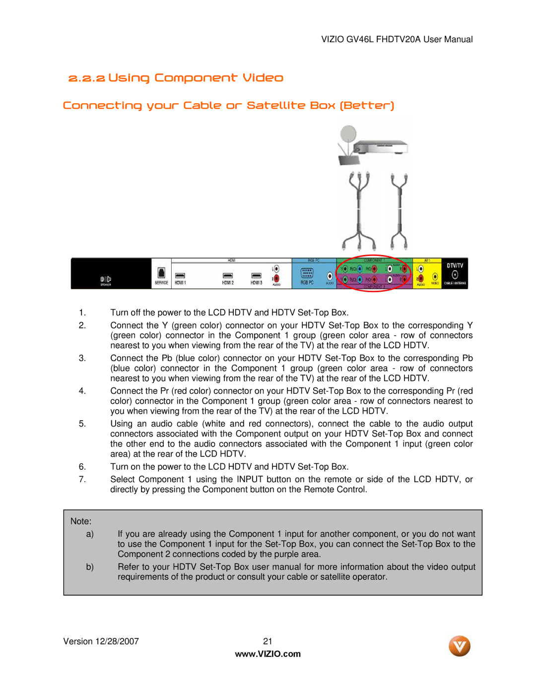 Vizio GV46L FHDTV20A user manual Using Component Video, Connecting your Cable or Satellite Box Better 