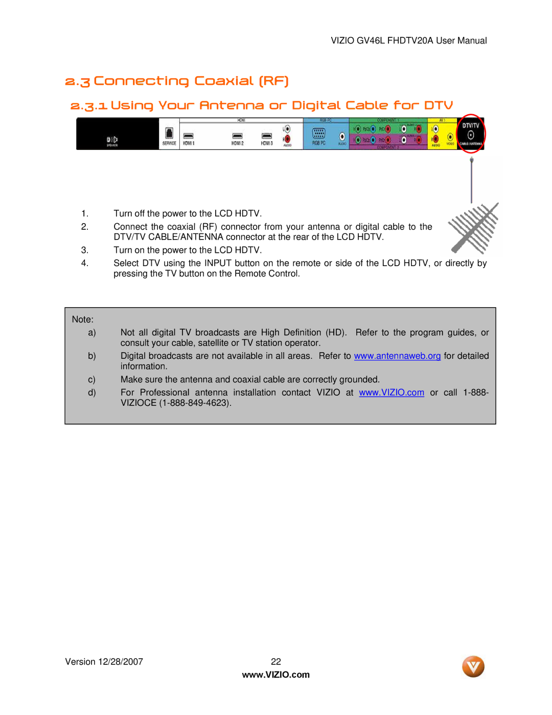 Vizio GV46L FHDTV20A user manual Connecting Coaxial RF, Using Your Antenna or Digital Cable for DTV 