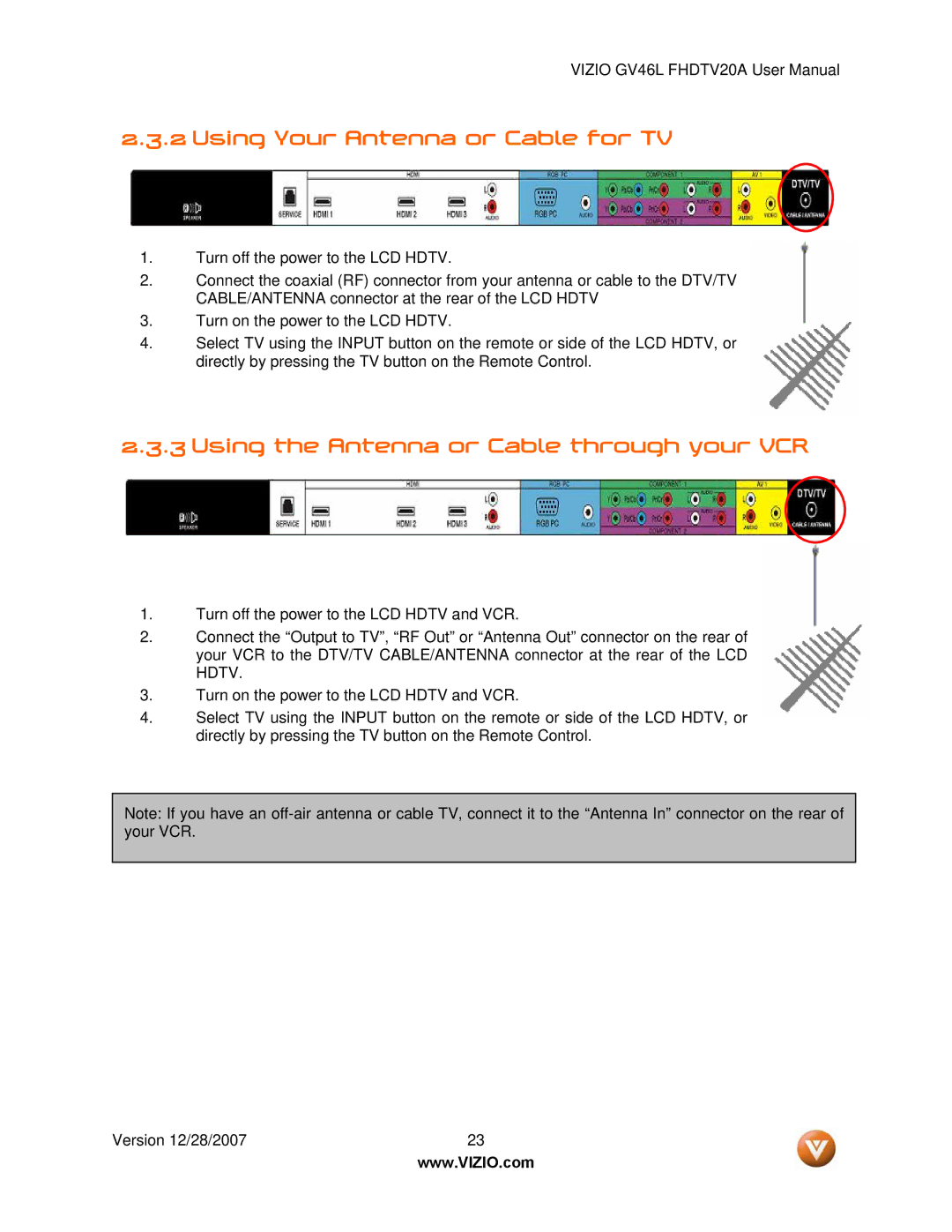 Vizio GV46L FHDTV20A user manual Using Your Antenna or Cable for TV, Using the Antenna or Cable through your VCR 