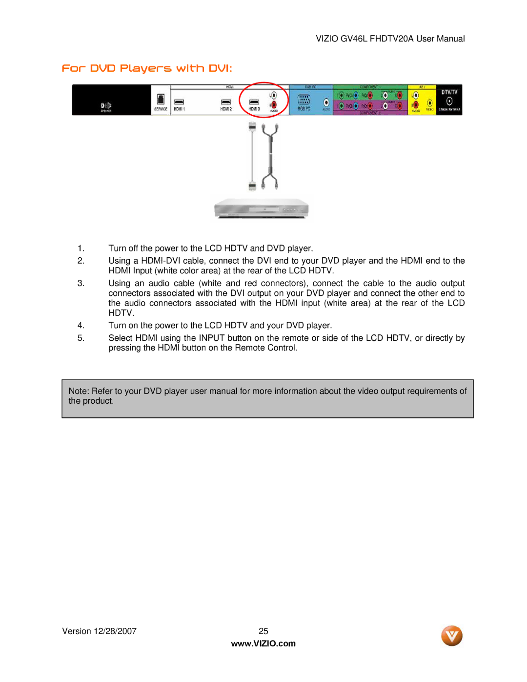 Vizio GV46L FHDTV20A user manual For DVD Players with DVI 