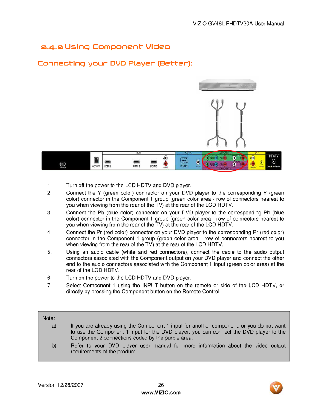 Vizio GV46L FHDTV20A user manual Using Component Video, Connecting your DVD Player Better 