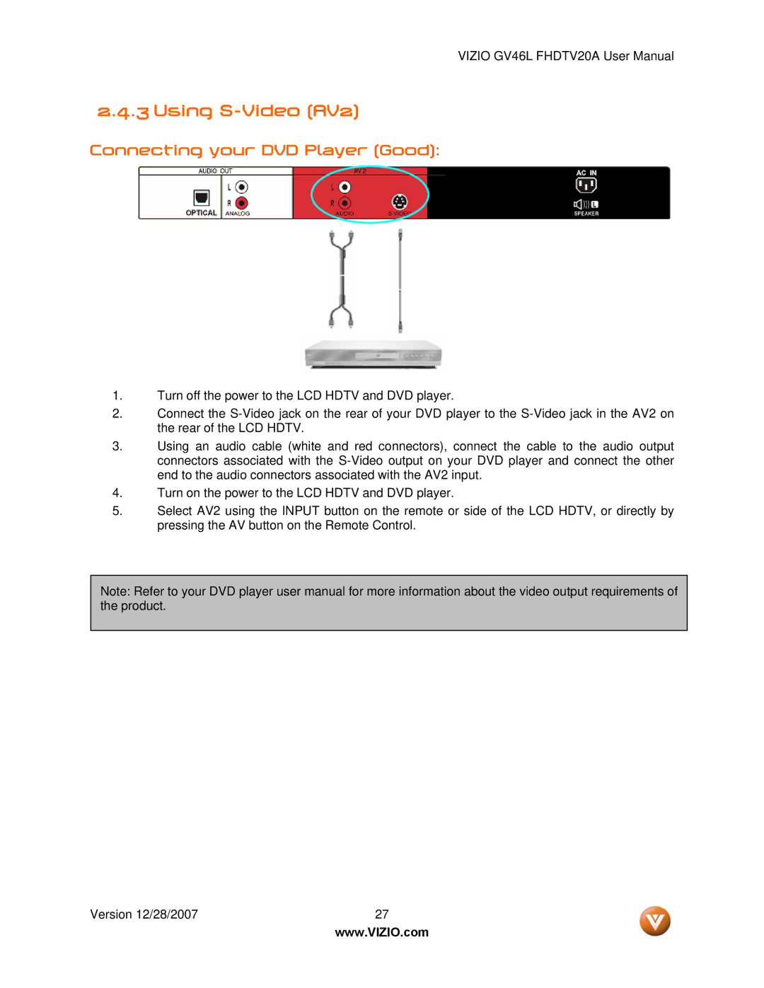 Vizio GV46L FHDTV20A user manual Using S-Video AV2, Connecting your DVD Player Good 