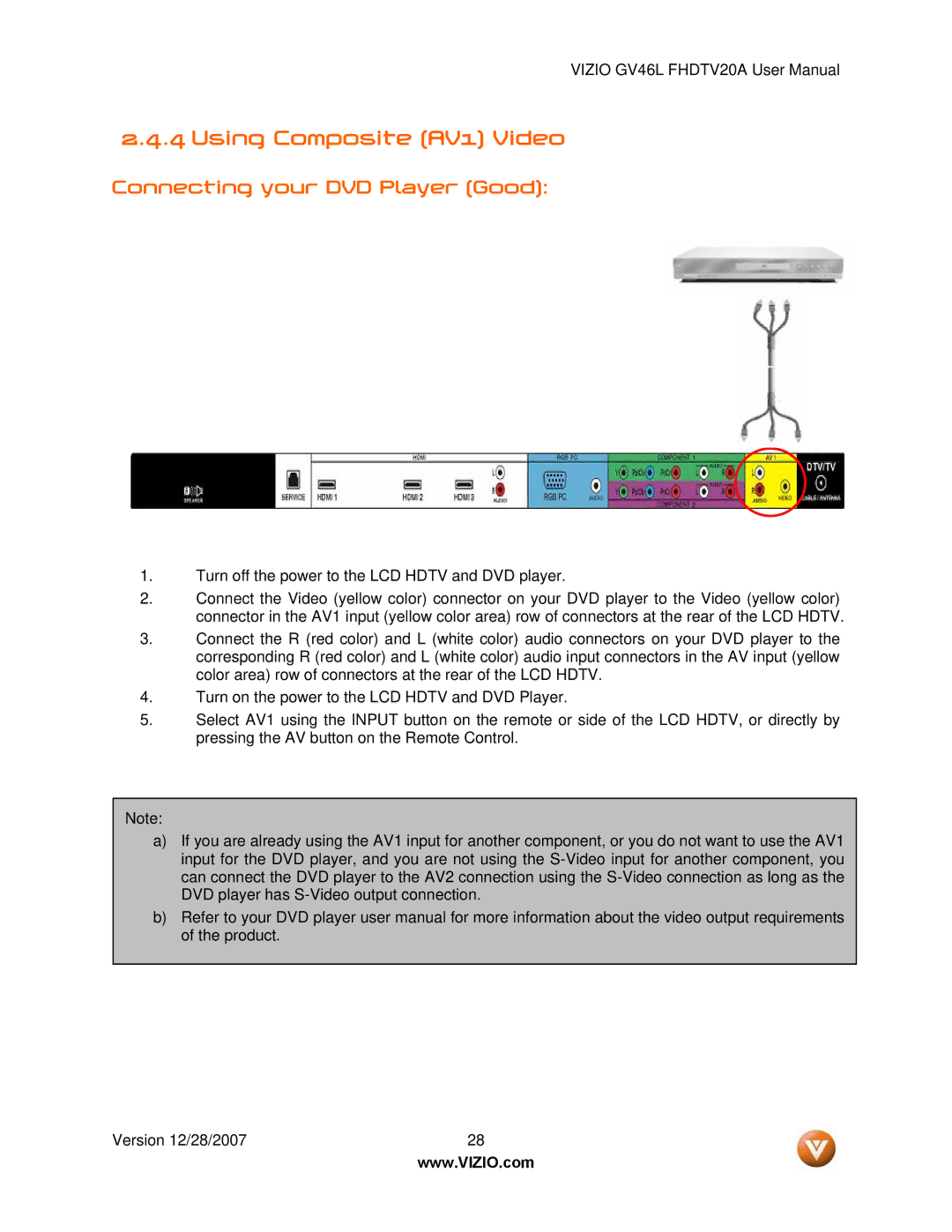 Vizio GV46L FHDTV20A user manual Using Composite AV1 Video 