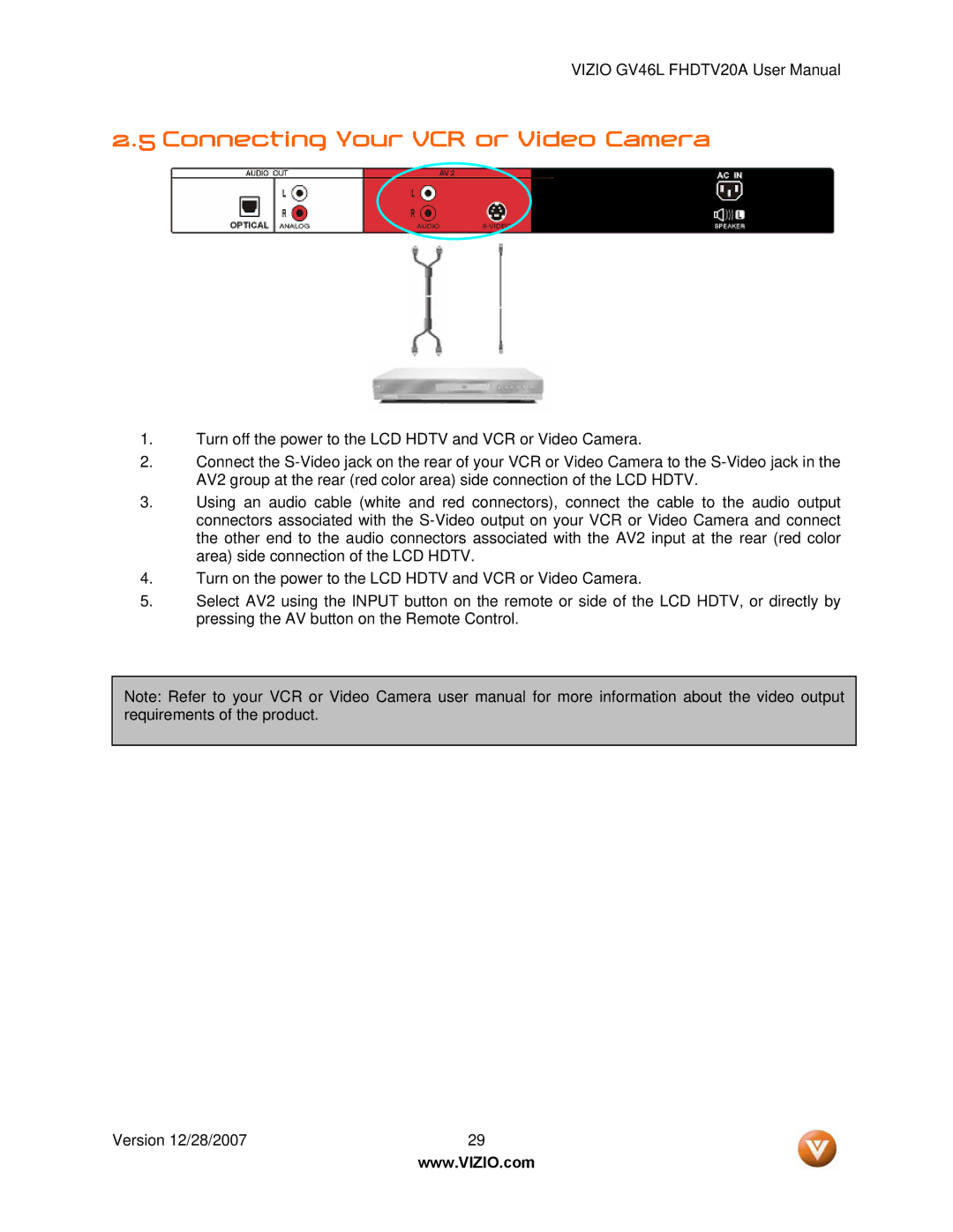 Vizio GV46L FHDTV20A user manual Connecting Your VCR or Video Camera 