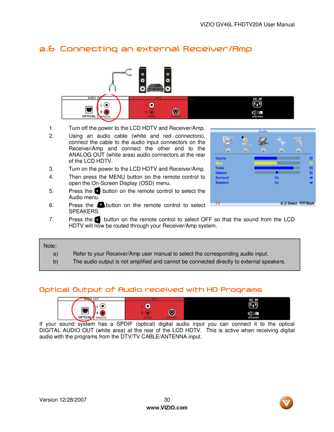 Vizio GV46L FHDTV20A user manual Connecting an external Receiver/Amp, Optical Output of Audio received with HD Programs 