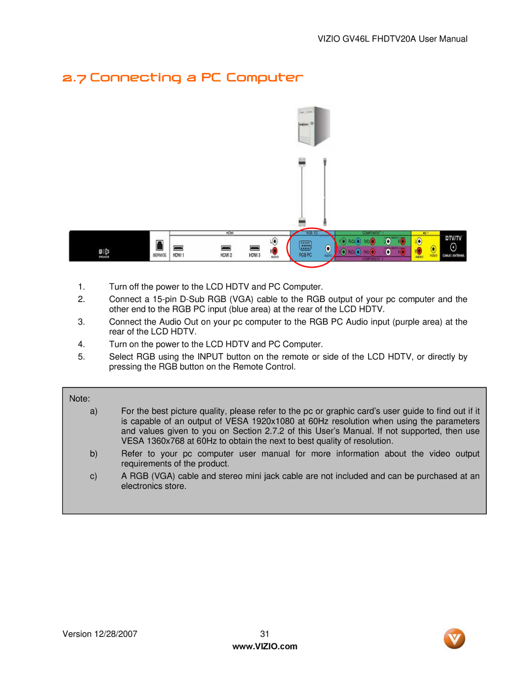 Vizio GV46L FHDTV20A user manual Connecting a PC Computer 