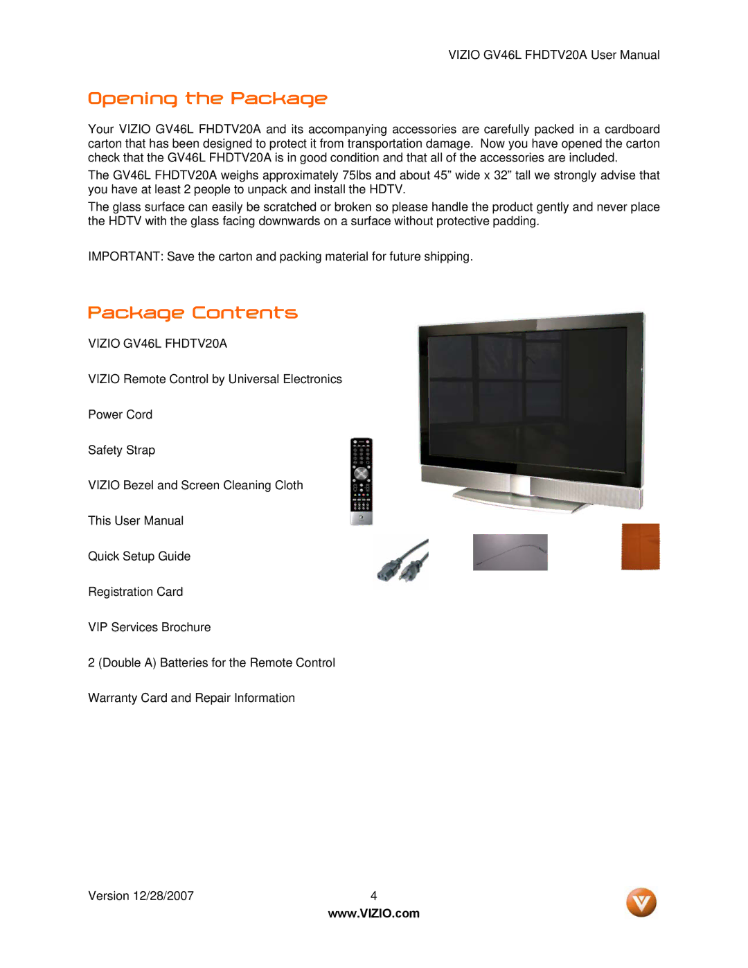 Vizio GV46L FHDTV20A user manual Opening the Package, Package Contents 