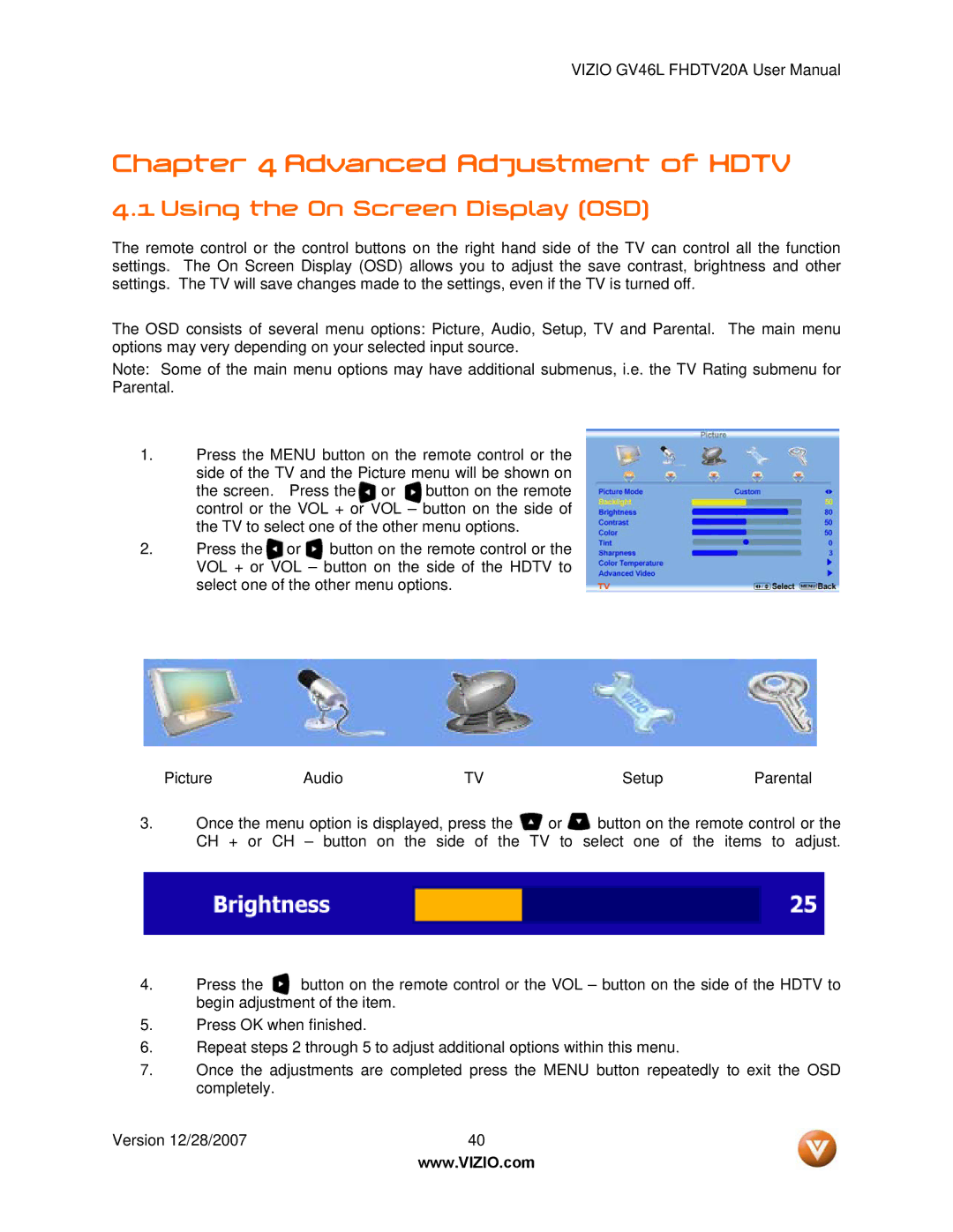 Vizio GV46L FHDTV20A user manual Advanced Adjustment of Hdtv, Using the On Screen Display OSD 