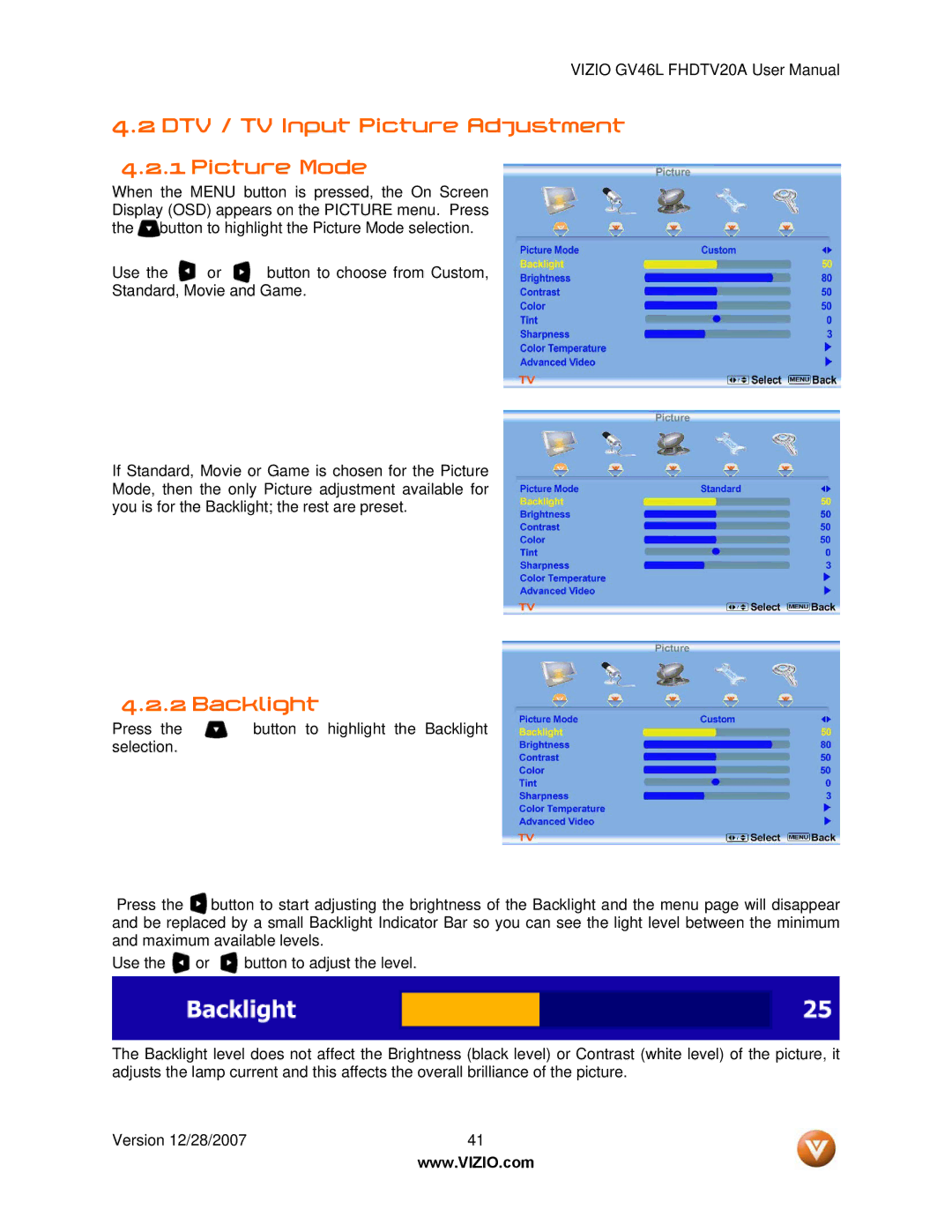 Vizio GV46L FHDTV20A user manual DTV / TV Input Picture Adjustment Picture Mode, Backlight 