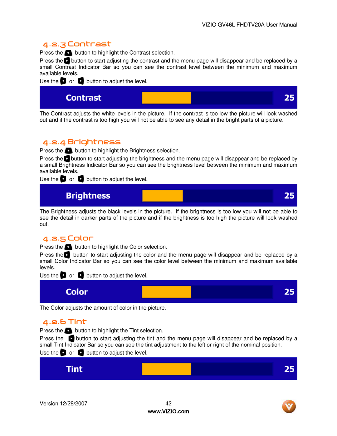 Vizio GV46L FHDTV20A user manual Contrast, Brightness, Color, Tint 