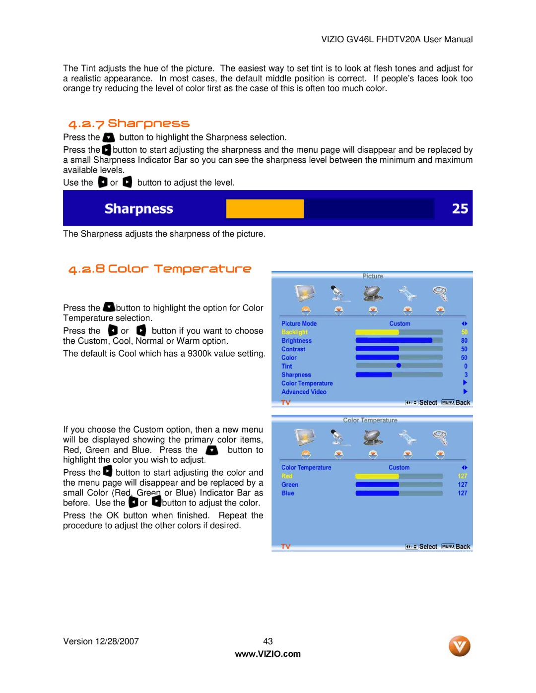 Vizio GV46L FHDTV20A user manual Sharpness, Color Temperature 