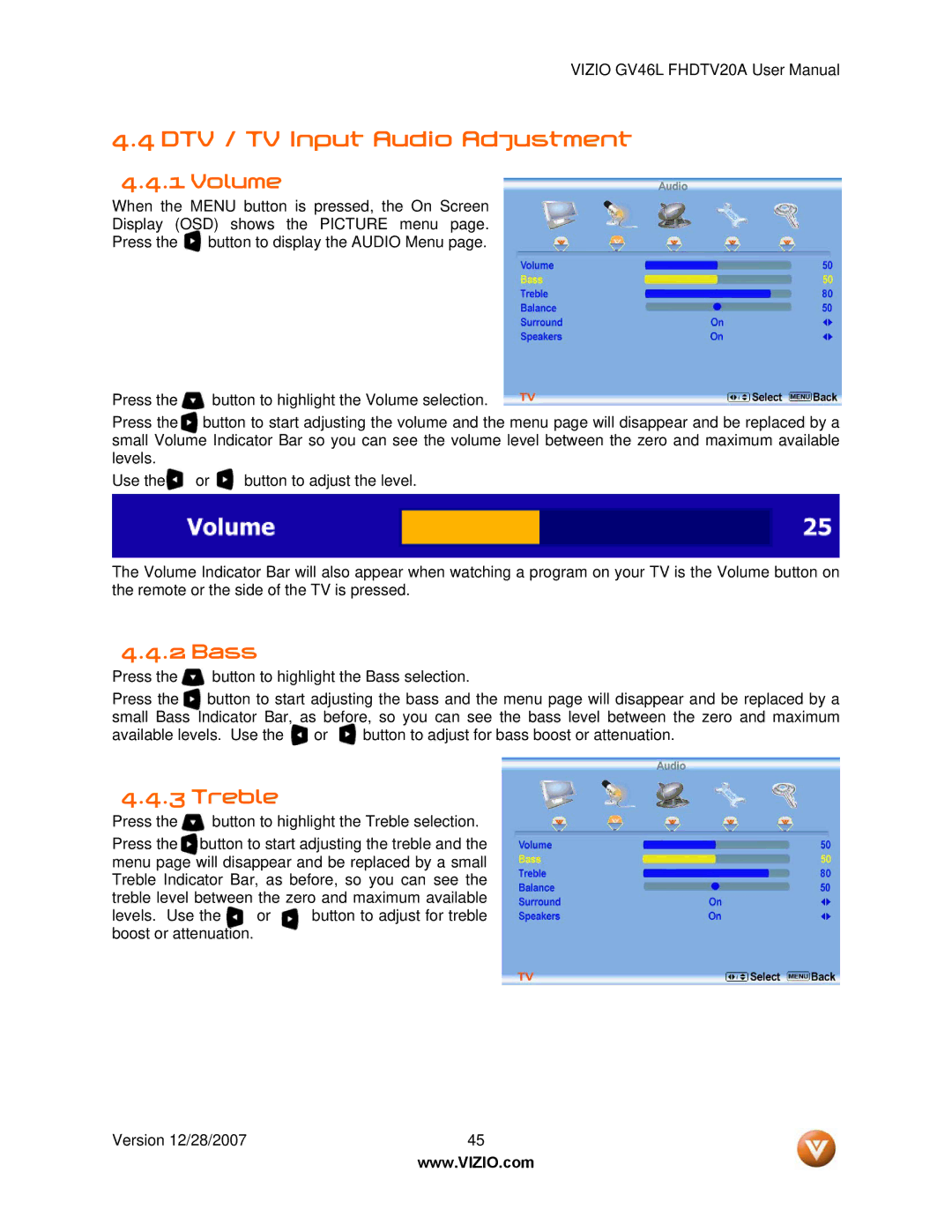Vizio GV46L FHDTV20A user manual DTV / TV Input Audio Adjustment, Volume, Bass, Treble 