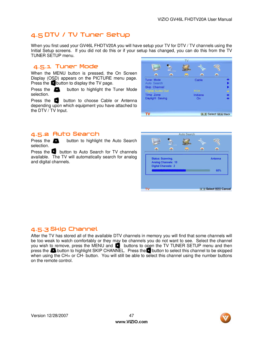 Vizio GV46L FHDTV20A user manual DTV / TV Tuner Setup, Tuner Mode, Auto Search, Skip Channel 