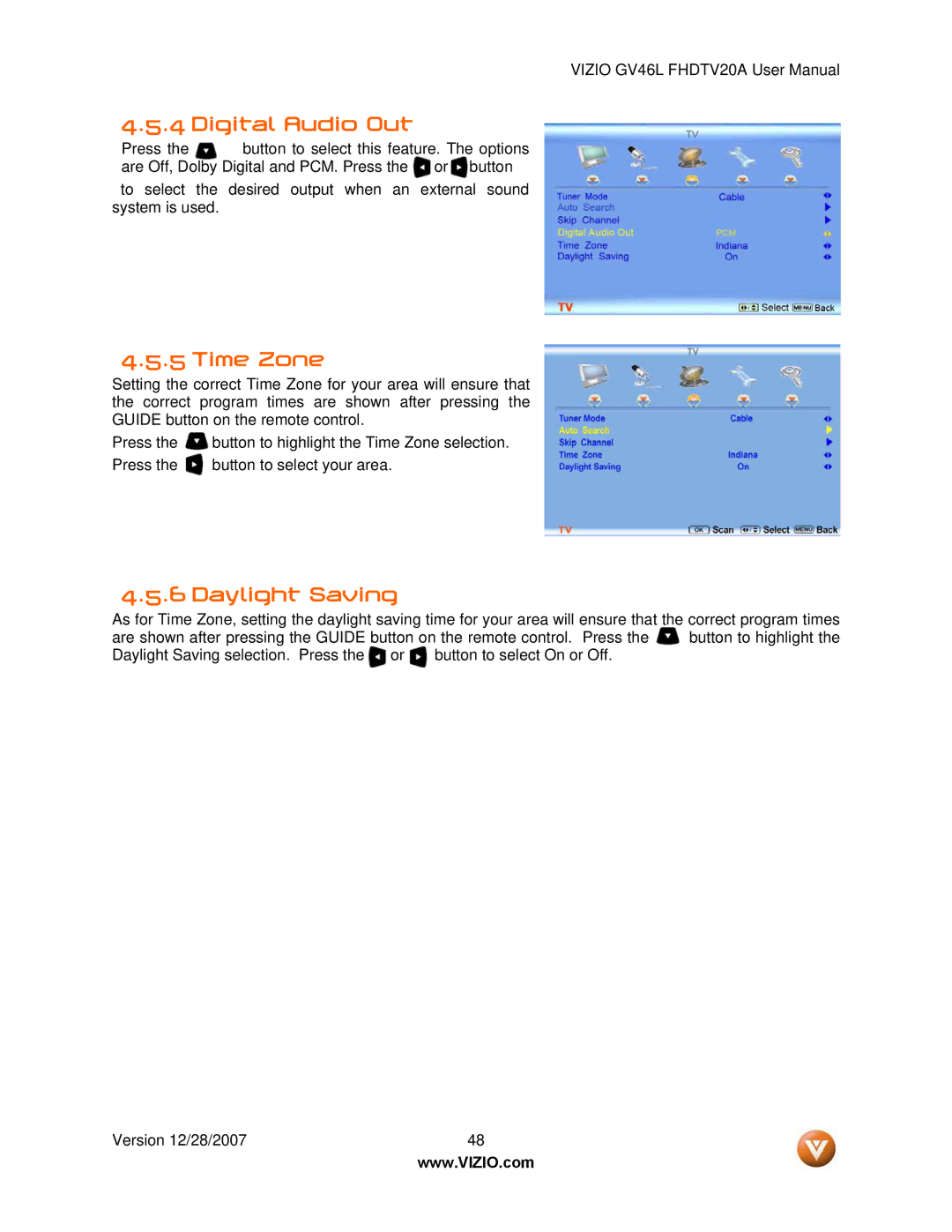Vizio GV46L FHDTV20A user manual Digital Audio Out, Time Zone, Daylight Saving 