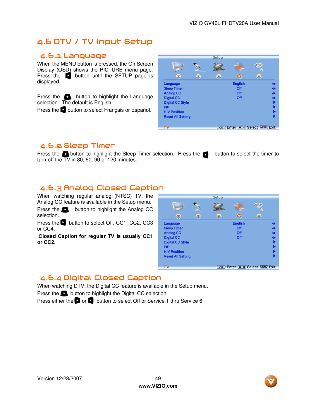 Vizio GV46L FHDTV20A user manual DTV / TV Input Setup, Language, Sleep Timer, Analog Closed Caption, Digital Closed Caption 