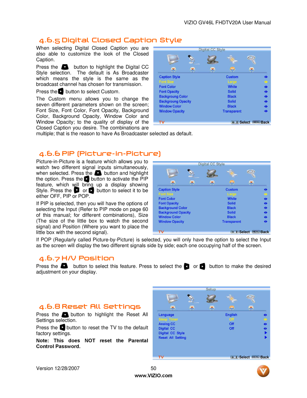 Vizio GV46L FHDTV20A user manual Digital Closed Caption Style, PIP Picture-in-Picture, 7 H/V Position, Reset All Settings 