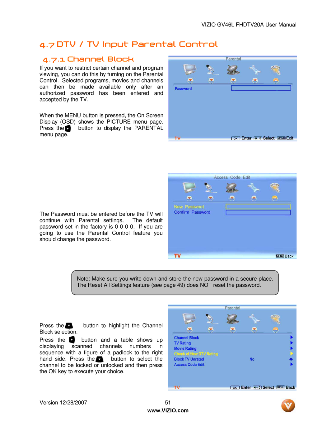 Vizio GV46L FHDTV20A user manual DTV / TV Input Parental Control, Channel Block 