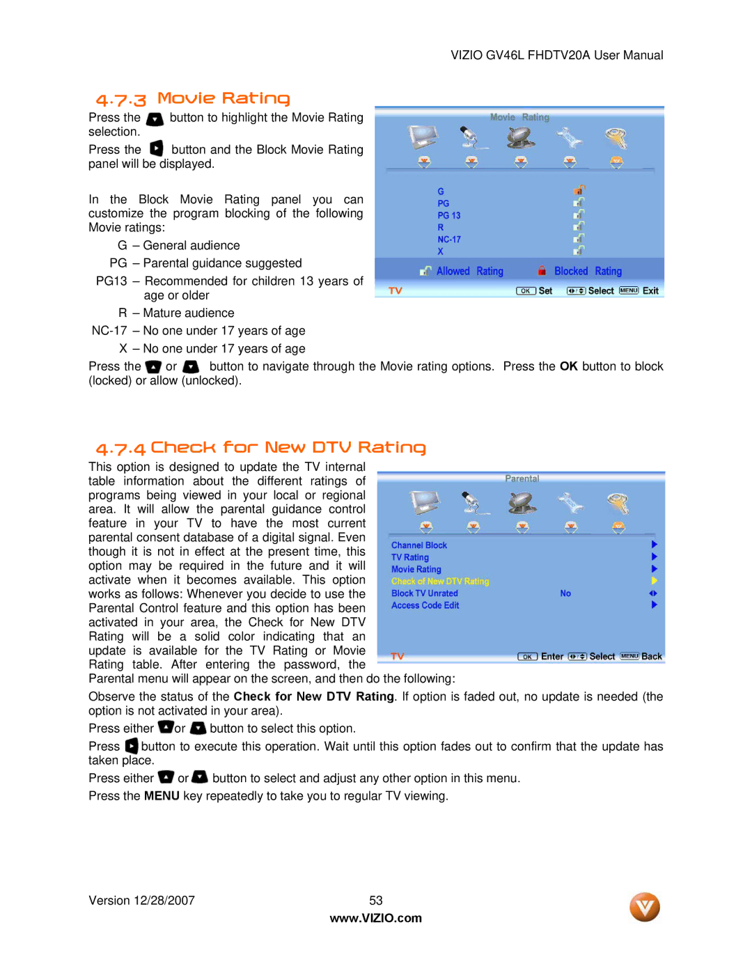 Vizio GV46L FHDTV20A user manual Movie Rating, Check for New DTV Rating 