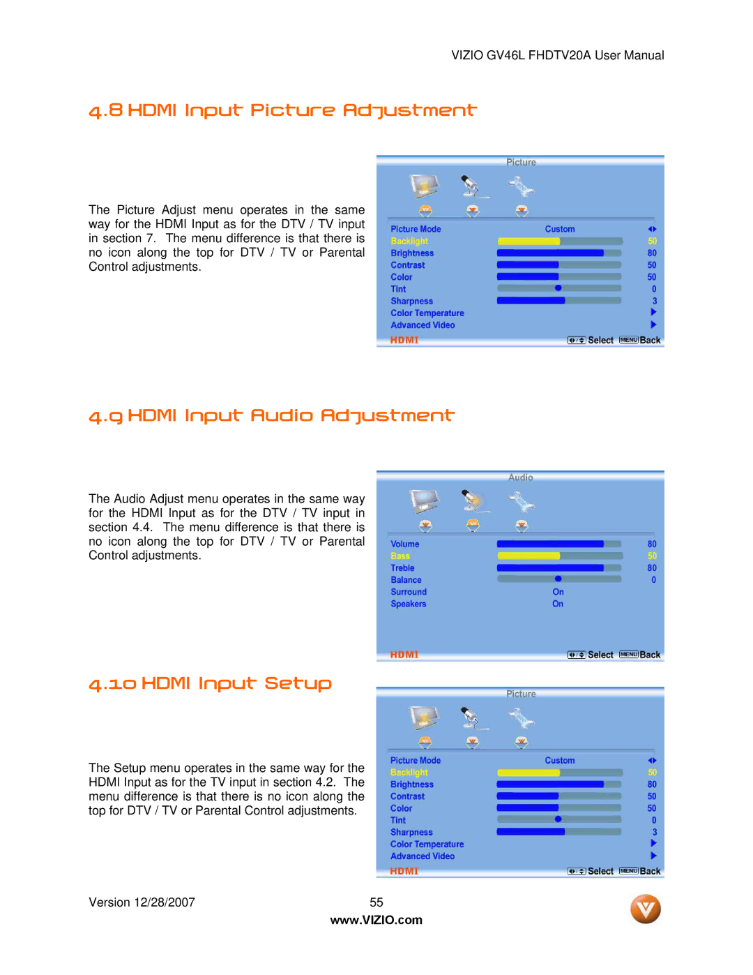 Vizio GV46L FHDTV20A user manual Hdmi Input Picture Adjustment, Hdmi Input Audio Adjustment, Hdmi Input Setup 
