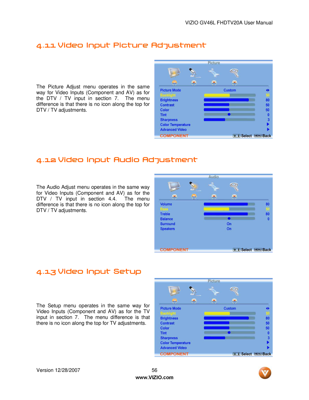 Vizio GV46L FHDTV20A user manual Video Input Picture Adjustment, Video Input Audio Adjustment, Video Input Setup 