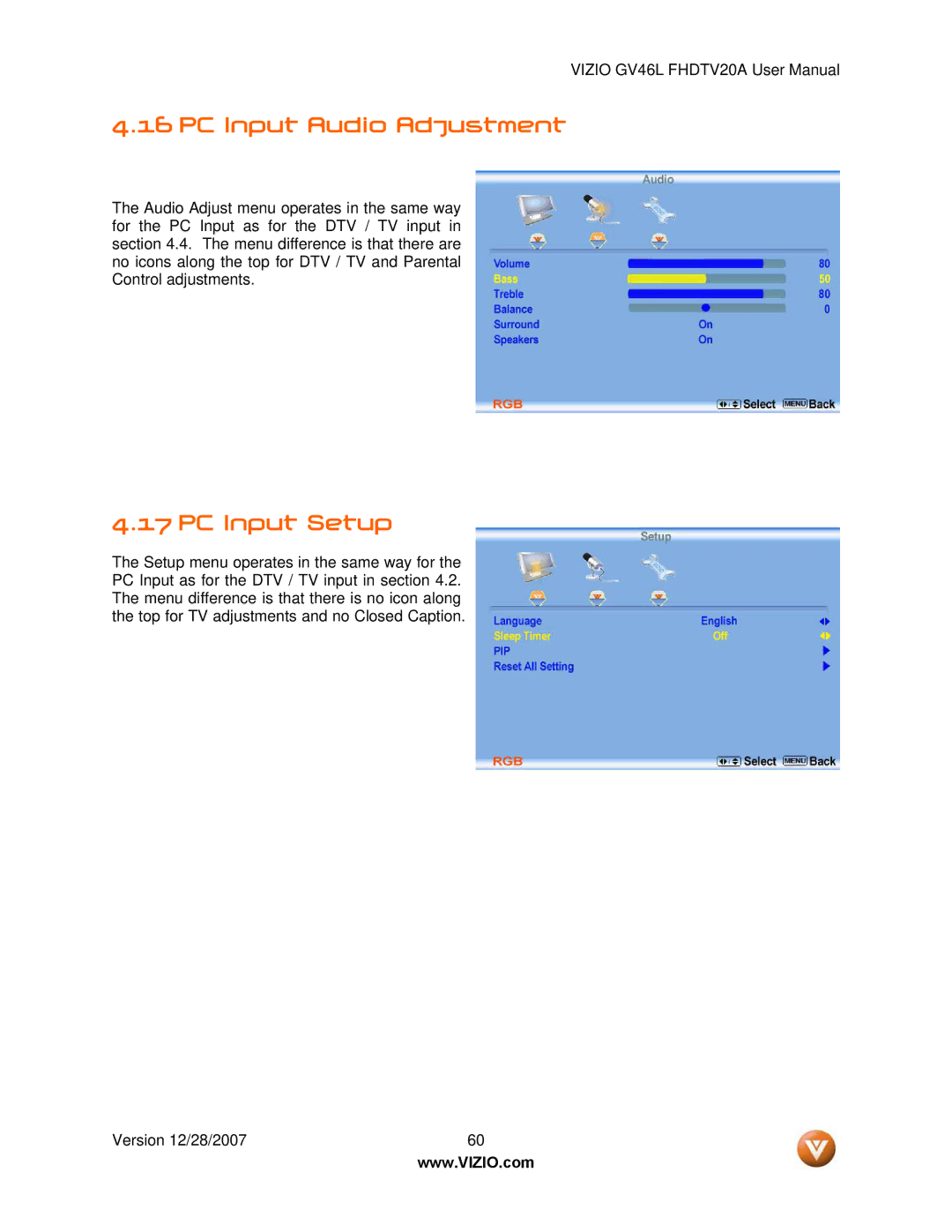 Vizio GV46L FHDTV20A user manual PC Input Audio Adjustment, PC Input Setup 