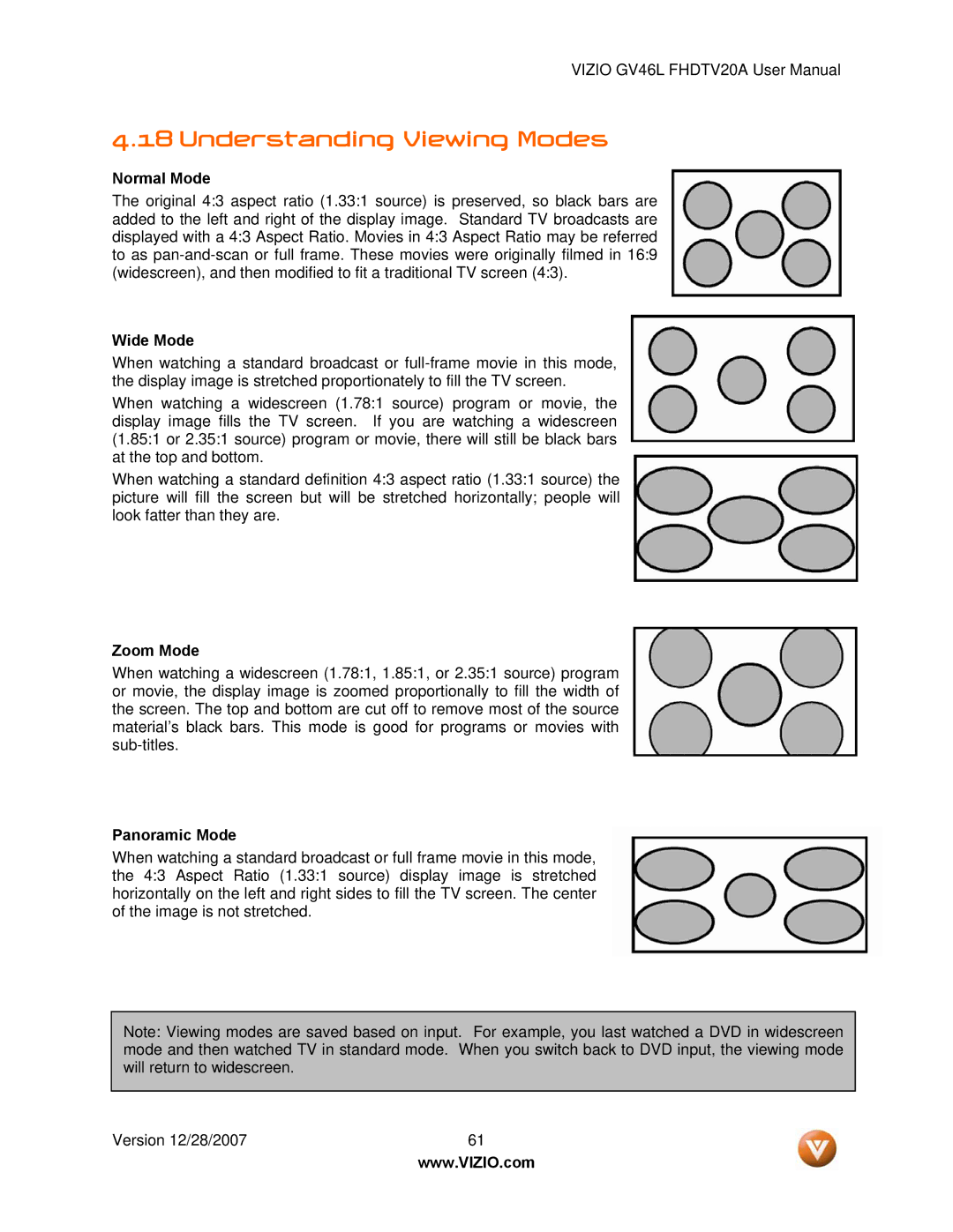 Vizio GV46L FHDTV20A user manual Understanding Viewing Modes, Normal Mode, Wide Mode, Zoom Mode, Panoramic Mode 