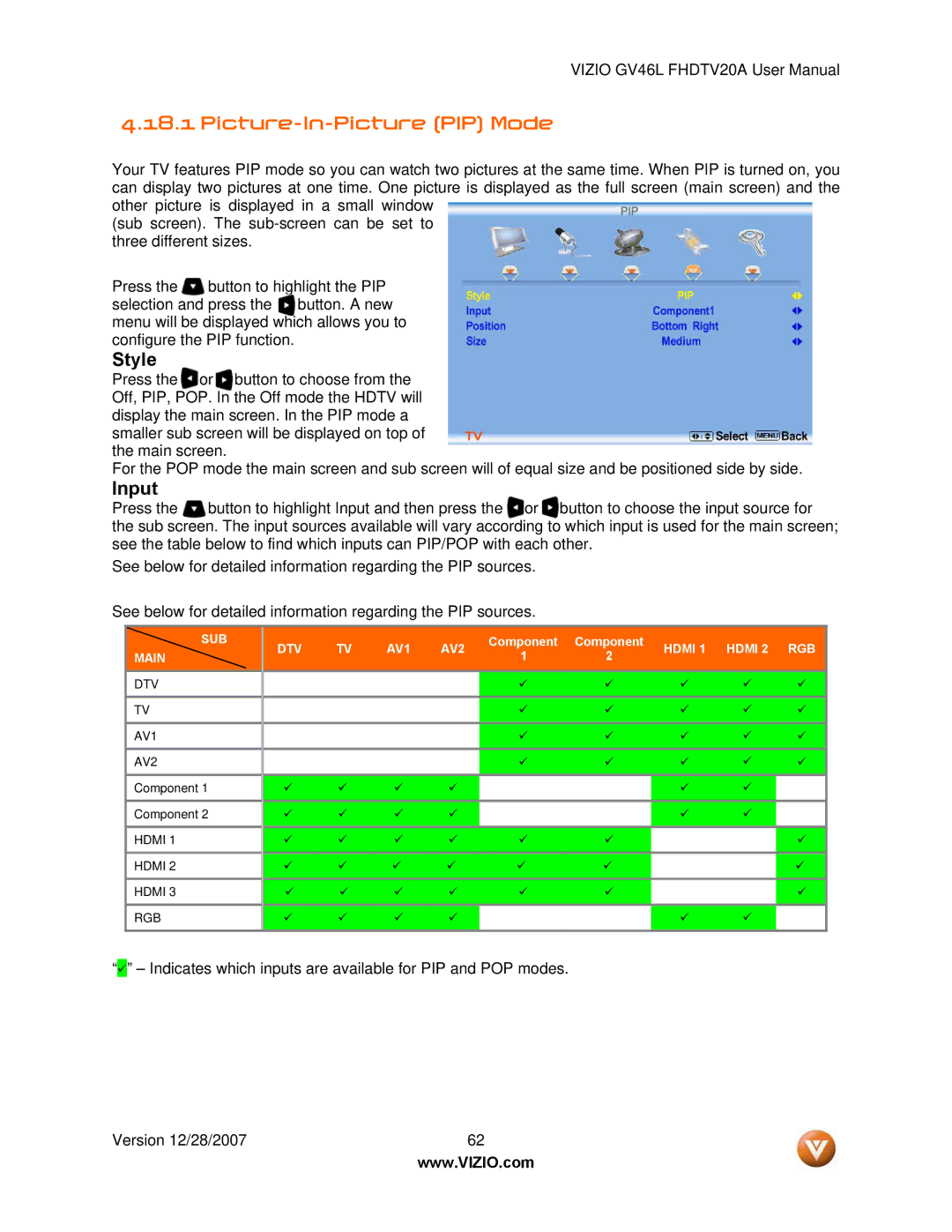 Vizio GV46L FHDTV20A user manual Picture-In-Picture PIP Mode, Style 