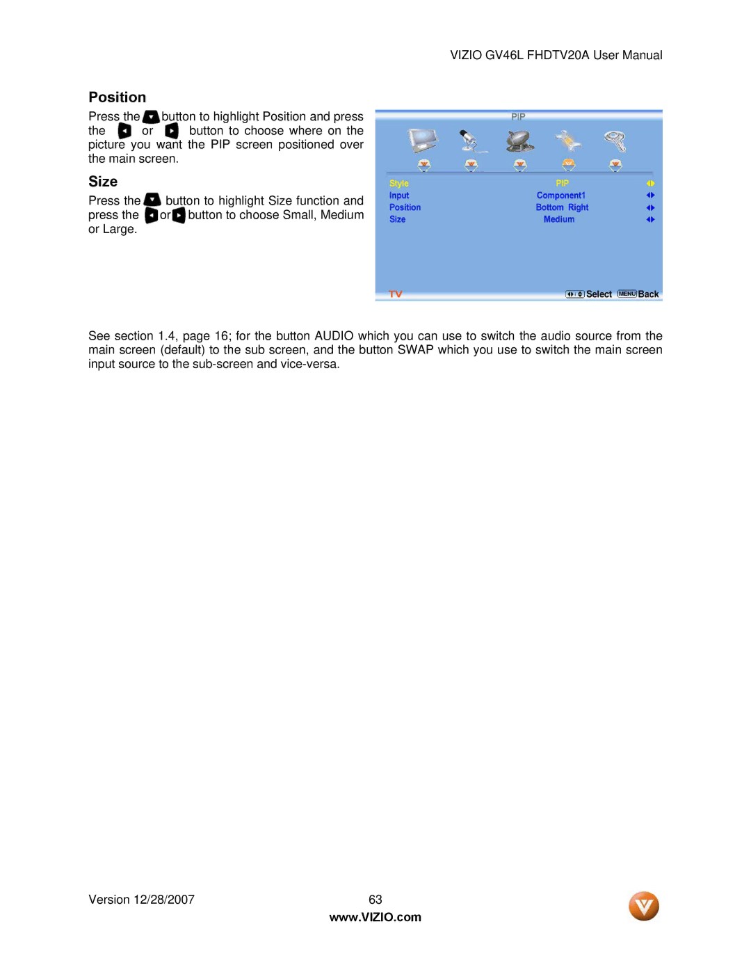 Vizio GV46L FHDTV20A user manual Position 