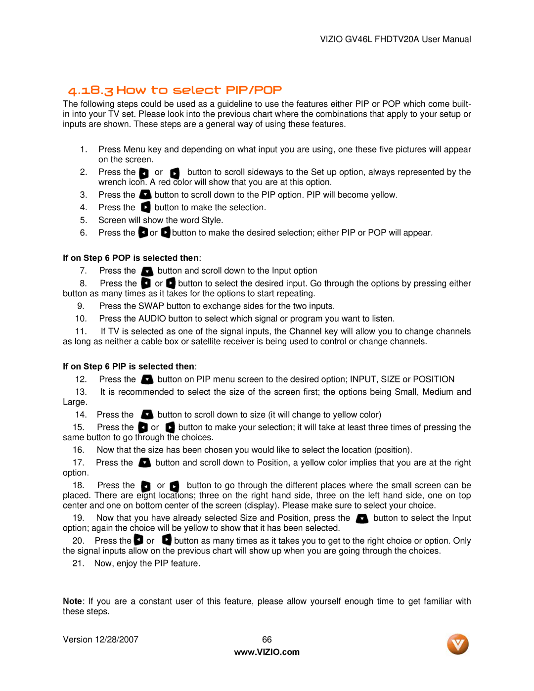 Vizio GV46L FHDTV20A user manual How to select PIP/POP, If on POP is selected then, If on PIP is selected then 