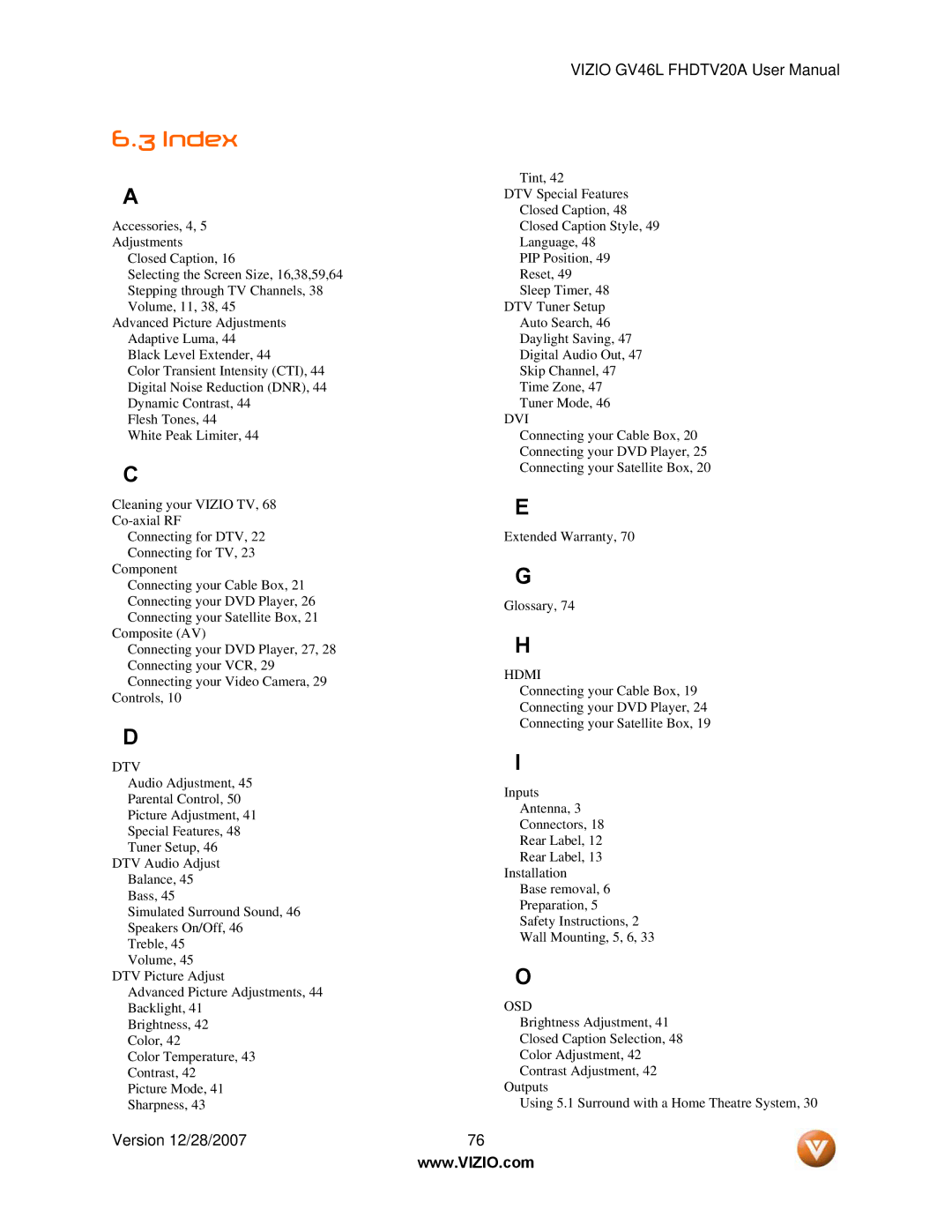 Vizio GV46L FHDTV20A user manual Index, Dtv 