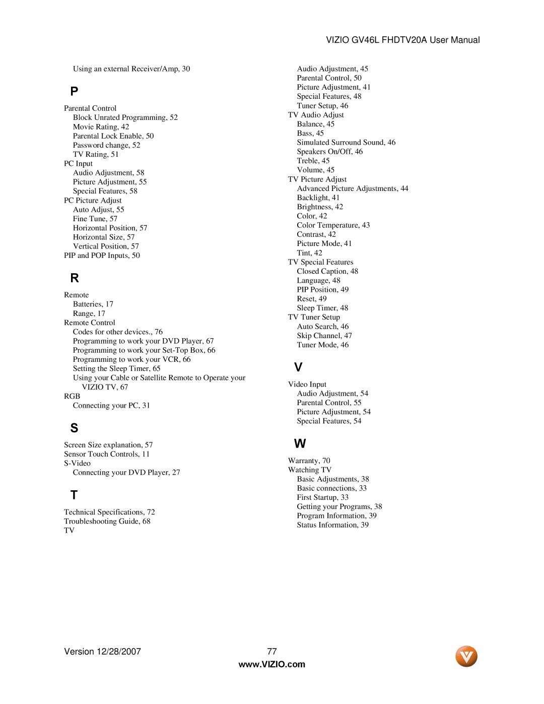 Vizio GV46L FHDTV20A user manual Rgb 