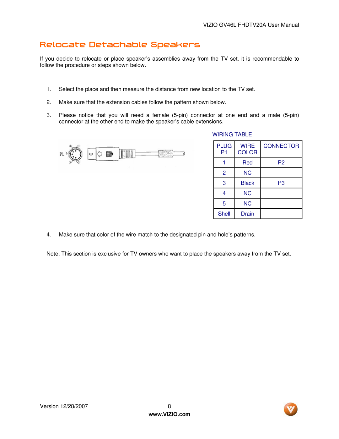 Vizio GV46L FHDTV20A user manual Relocate Detachable Speakers, Wiring Table Plug Wire Connector Color 
