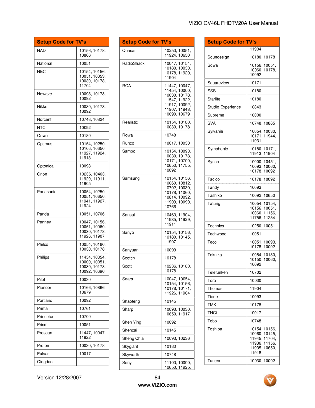 Vizio GV46L FHDTV20A user manual Nad 