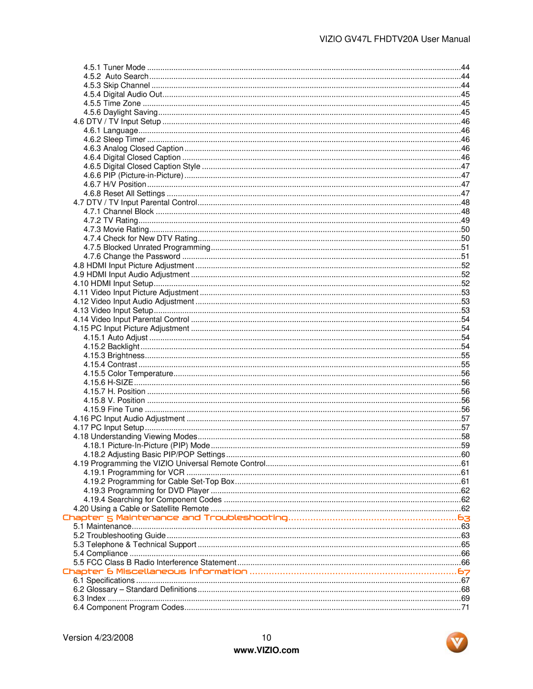 Vizio GV47L FHDTV20A user manual Maintenance and Troubleshooting 