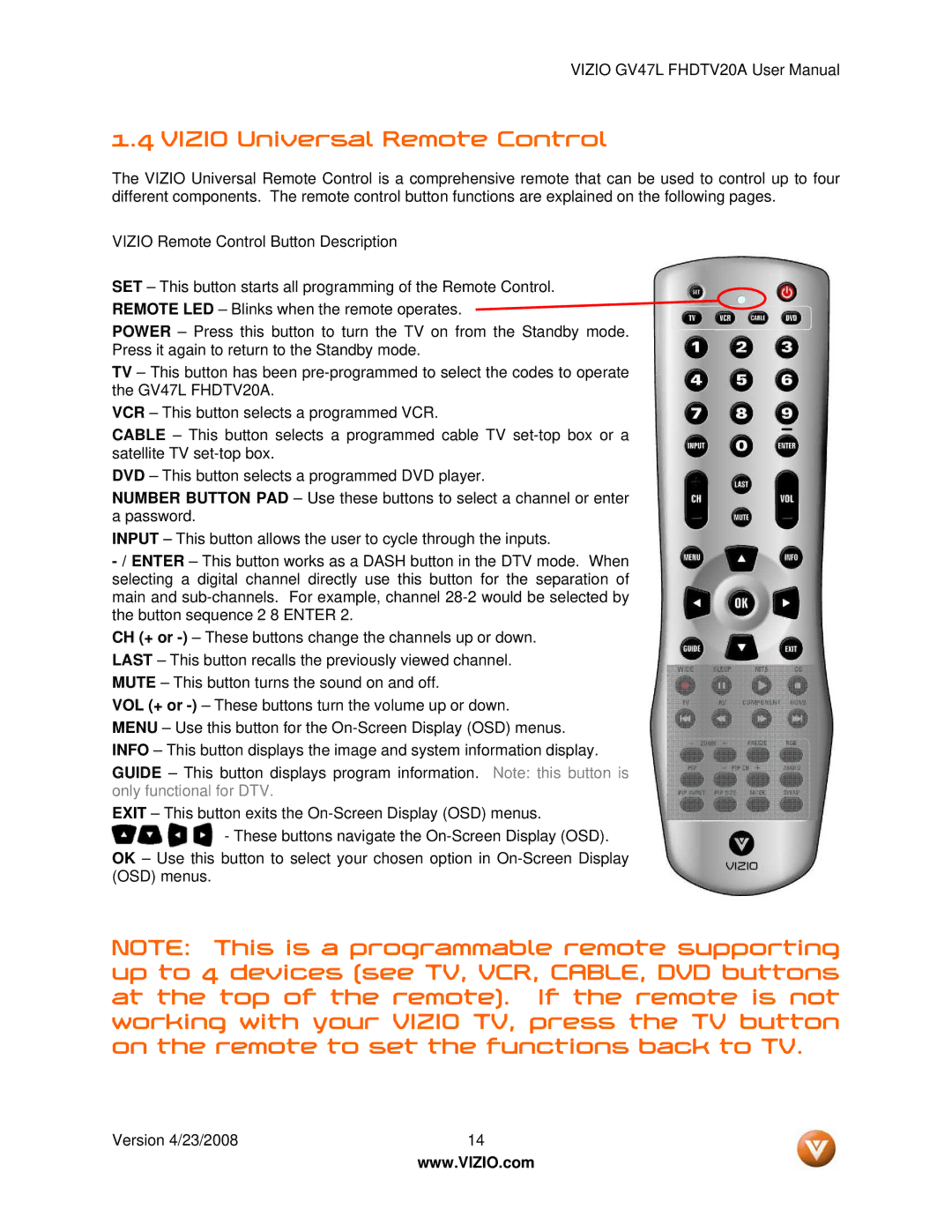 Vizio GV47L FHDTV20A user manual Vizio Universal Remote Control 