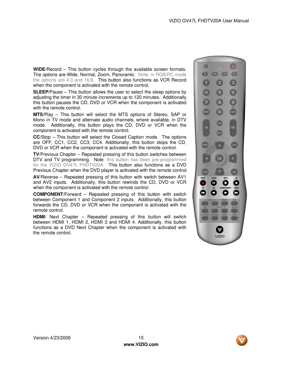 Vizio GV47L FHDTV20A user manual 