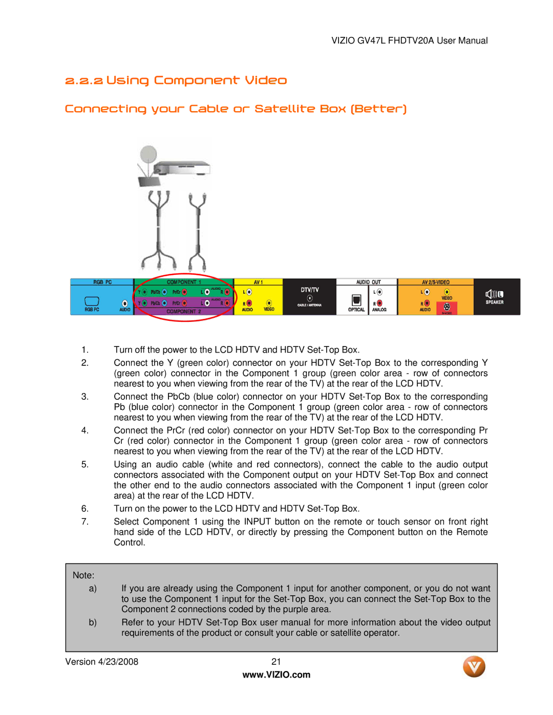 Vizio GV47L FHDTV20A user manual Using Component Video, Connecting your Cable or Satellite Box Better 