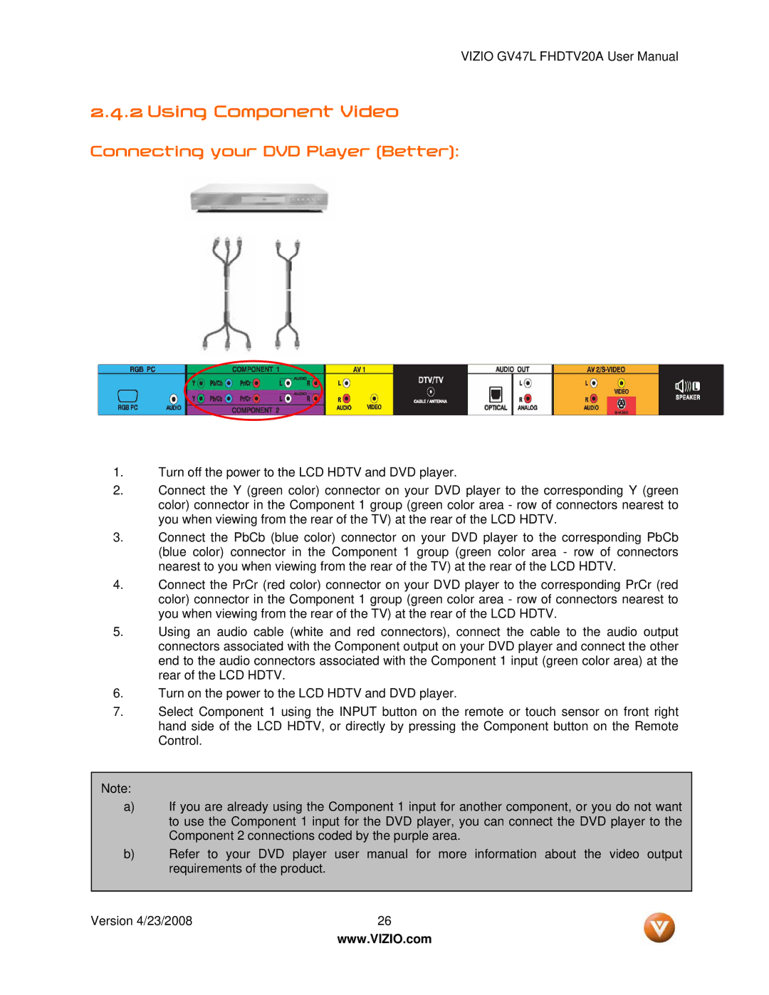 Vizio GV47L FHDTV20A user manual Using Component Video, Connecting your DVD Player Better 