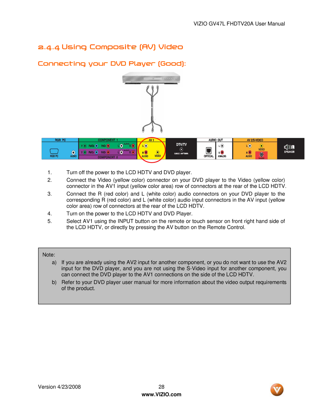 Vizio GV47L FHDTV20A user manual Using Composite AV Video 