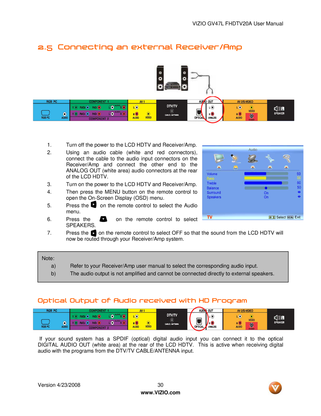 Vizio GV47L FHDTV20A user manual Connecting an external Receiver/Amp, Optical Output of Audio received with HD Program 