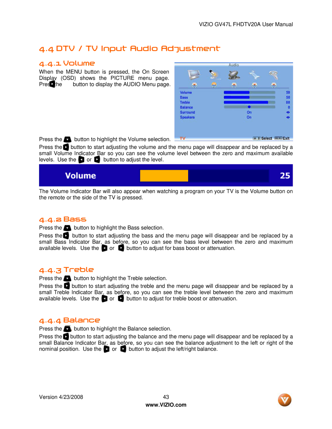 Vizio GV47L FHDTV20A user manual DTV / TV Input Audio Adjustment, Volume, Bass, Treble, Balance 