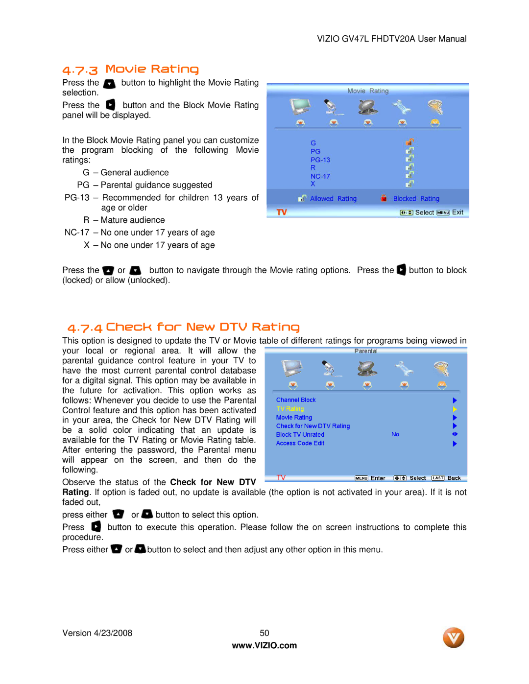 Vizio GV47L FHDTV20A user manual Movie Rating, Check for New DTV Rating 