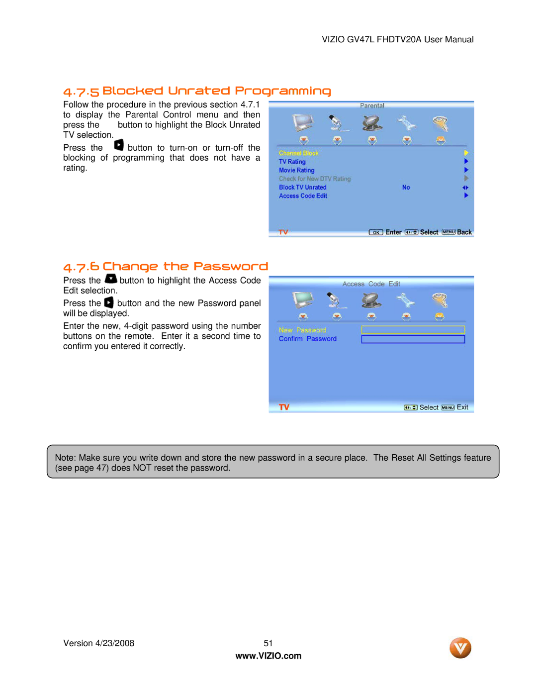 Vizio GV47L FHDTV20A user manual Blocked Unrated Programming, Change the Password 