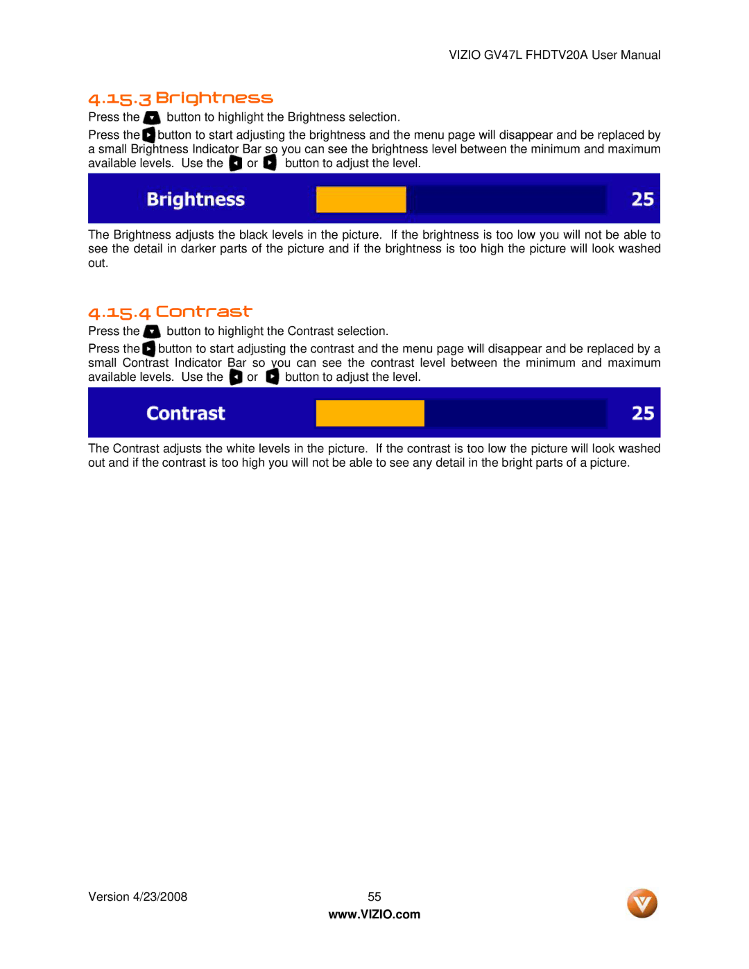 Vizio GV47L FHDTV20A user manual Brightness 